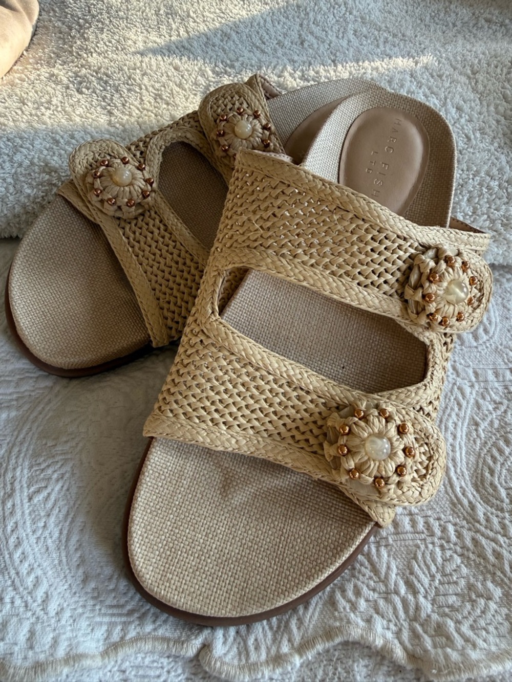 9.5 NEW! Marc Fisher Woven Beige Slide Sandals with Beaded Flower Accents